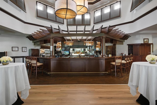 interior space with dark brown cabinetry, a high ceiling, and light wood-type flooring