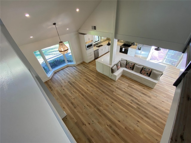 living room with light wood-type flooring and high vaulted ceiling