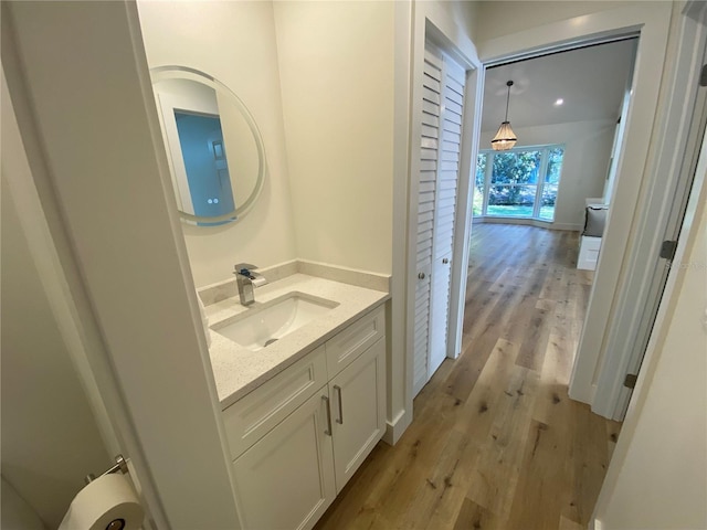 bathroom featuring hardwood / wood-style floors and vanity