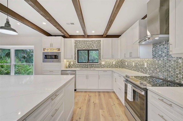 kitchen featuring sink, appliances with stainless steel finishes, hanging light fixtures, white cabinets, and wall chimney exhaust hood