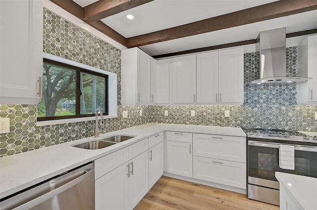 kitchen featuring sink, white cabinetry, appliances with stainless steel finishes, beam ceiling, and wall chimney range hood