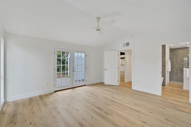 interior space featuring french doors, ceiling fan, lofted ceiling, and light hardwood / wood-style floors