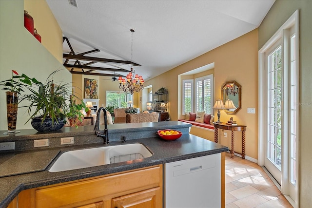 kitchen with dishwasher, a healthy amount of sunlight, sink, and ceiling fan with notable chandelier