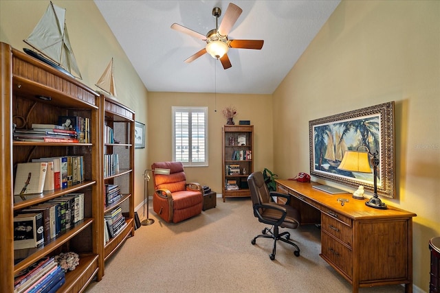 office area with light colored carpet and ceiling fan