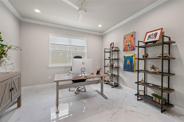 office space featuring ceiling fan and crown molding