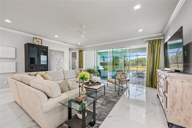 living room featuring crown molding and ceiling fan