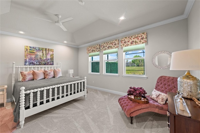 bedroom featuring ceiling fan, crown molding, and light carpet