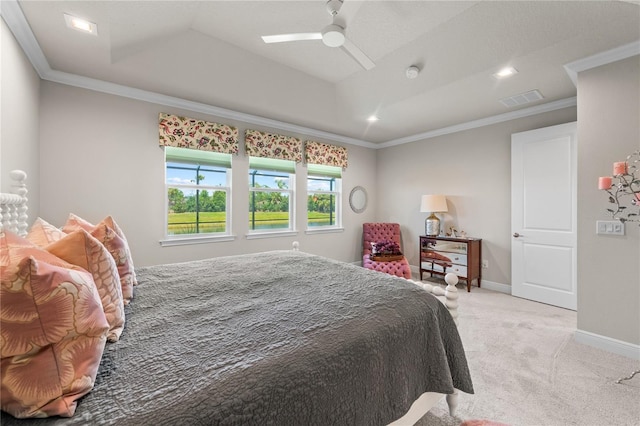 bedroom featuring ceiling fan, crown molding, and light carpet