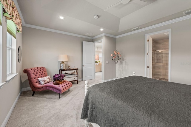 bedroom featuring connected bathroom, ceiling fan, crown molding, and carpet