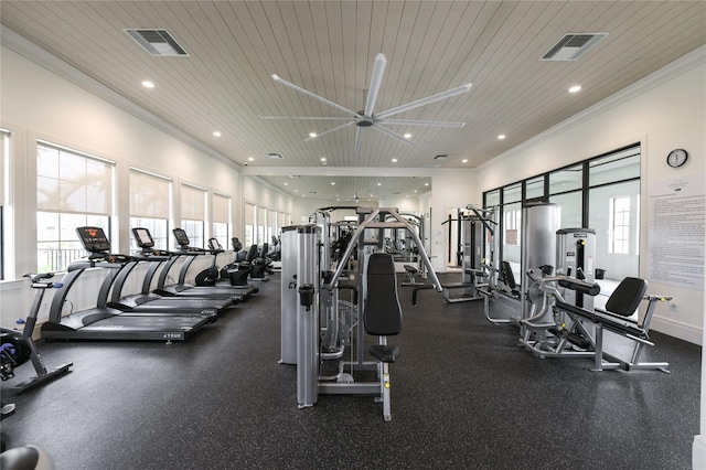 exercise room with ceiling fan, crown molding, and wooden ceiling