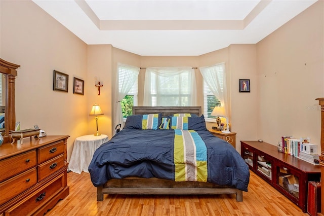 bedroom featuring a raised ceiling and light hardwood / wood-style flooring