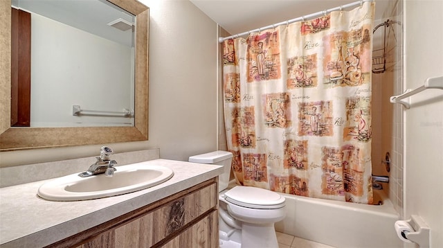 full bathroom featuring toilet, vanity, tile patterned floors, and shower / bathtub combination with curtain