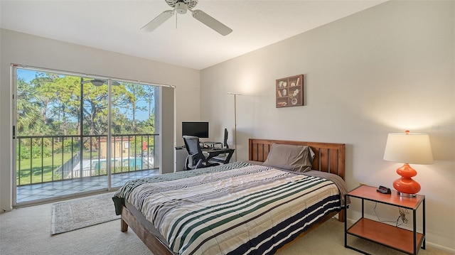 bedroom featuring carpet flooring, access to exterior, ceiling fan, and vaulted ceiling