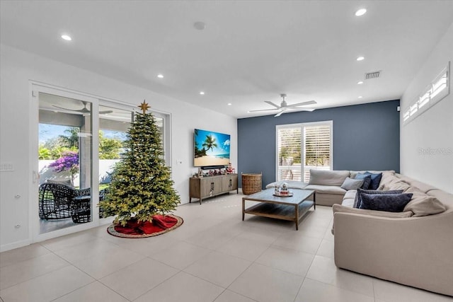 living room featuring ceiling fan