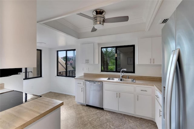 kitchen with a raised ceiling, sink, white cabinetry, and stainless steel appliances