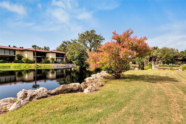 view of yard with a water view