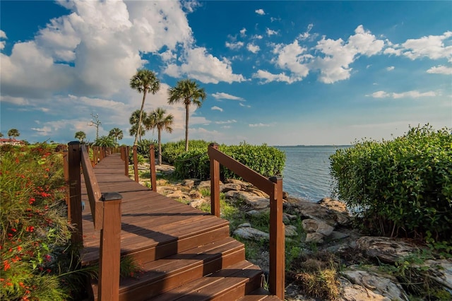 view of dock with a water view