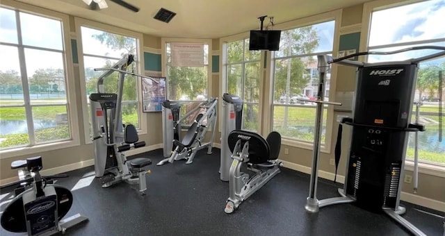 gym featuring a wealth of natural light and a water view