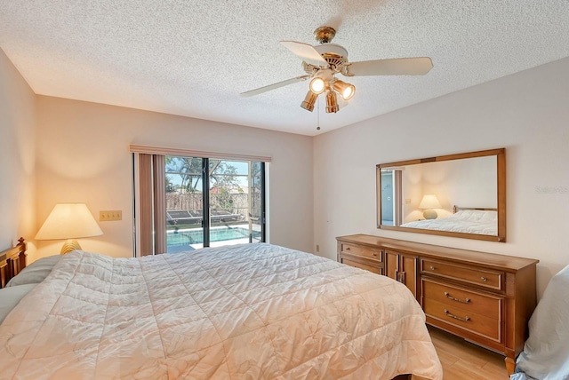 bedroom with a textured ceiling, light wood-type flooring, access to outside, and ceiling fan