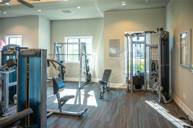 gym with dark hardwood / wood-style floors and a wealth of natural light