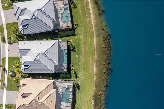 drone / aerial view featuring a water view