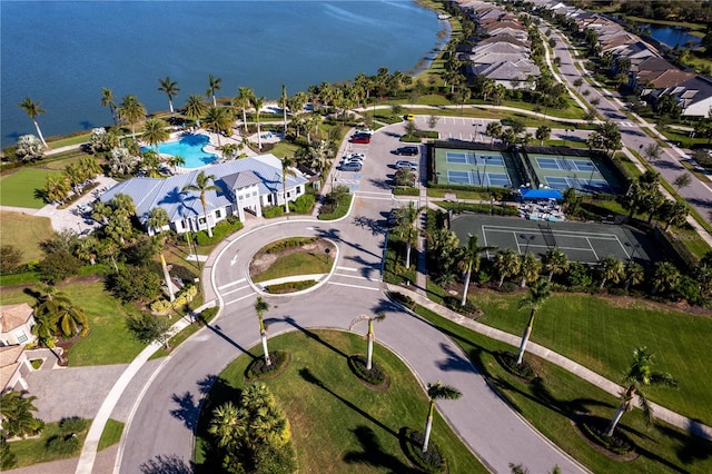 birds eye view of property featuring a water view