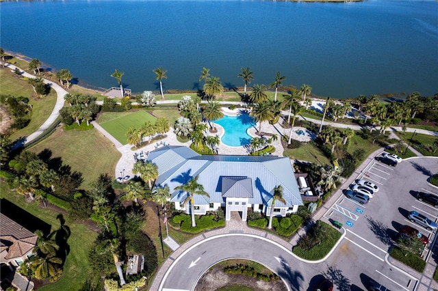 drone / aerial view with a water view