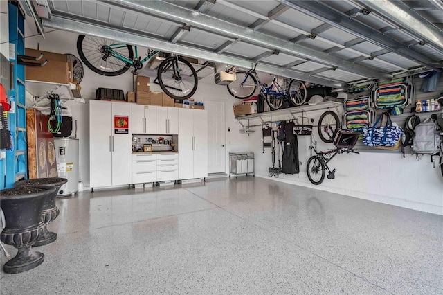 garage featuring a garage door opener and water heater