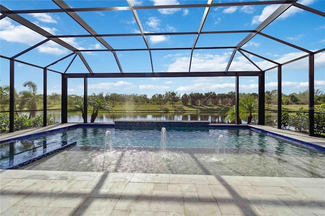 view of swimming pool with pool water feature, a water view, and a lanai