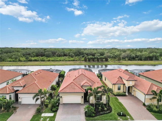 drone / aerial view with a water view