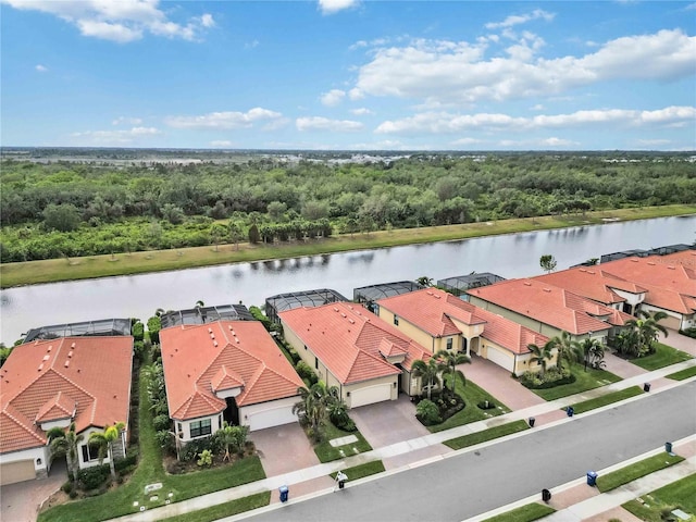 drone / aerial view featuring a water view