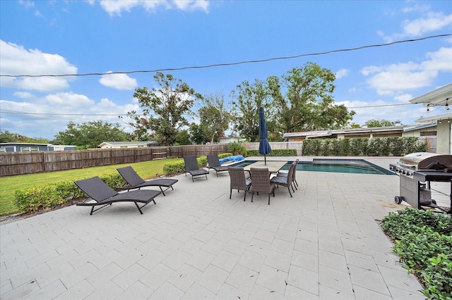 view of patio / terrace featuring a fenced in pool and grilling area