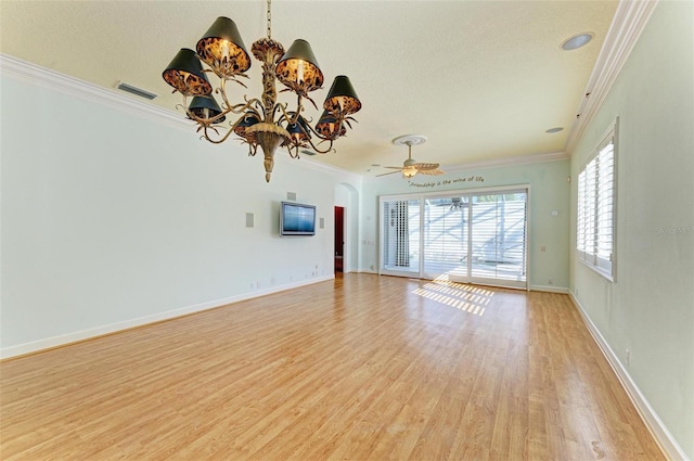 unfurnished living room featuring a textured ceiling, ceiling fan with notable chandelier, crown molding, and light hardwood / wood-style flooring