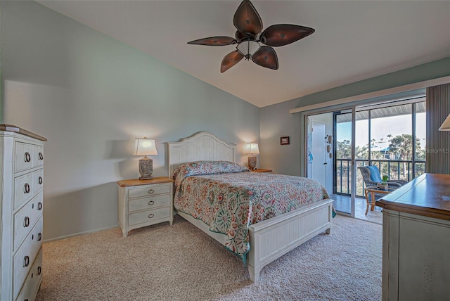 bedroom with access to exterior, light colored carpet, and ceiling fan