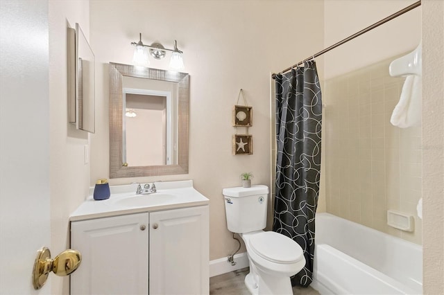 full bathroom with vanity, toilet, and shower / bathtub combination with curtain