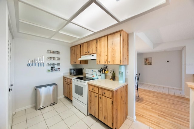 kitchen with white range with electric stovetop and light wood-type flooring