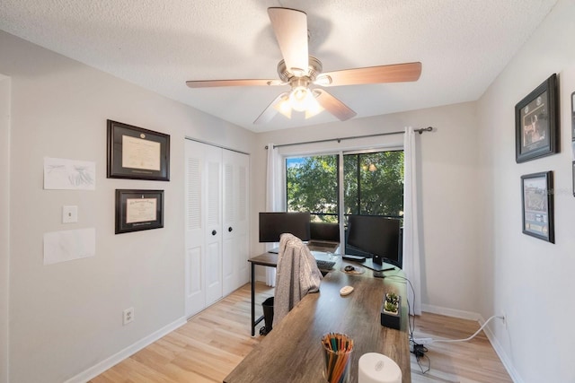 office space featuring ceiling fan, a textured ceiling, and light hardwood / wood-style flooring