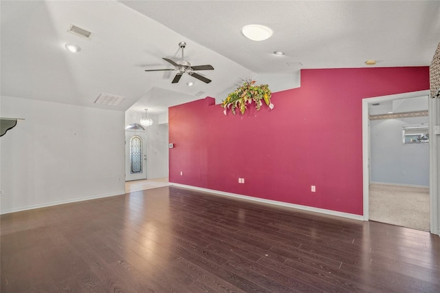 unfurnished living room featuring hardwood / wood-style floors, ceiling fan, and lofted ceiling