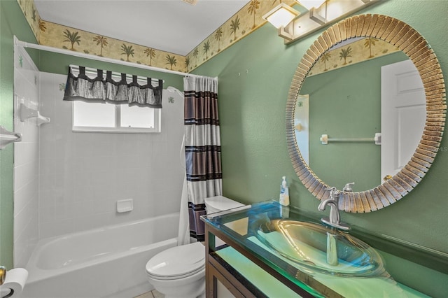 full bathroom featuring vanity, toilet, and shower / bathtub combination with curtain