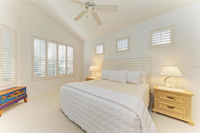 bedroom featuring light colored carpet, ceiling fan, and lofted ceiling