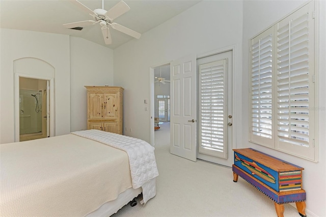 bedroom featuring ceiling fan, light colored carpet, and access to outside