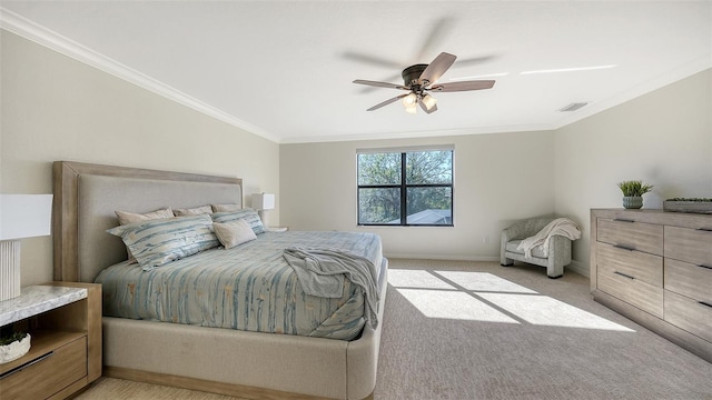 bedroom featuring light carpet, ceiling fan, and ornamental molding