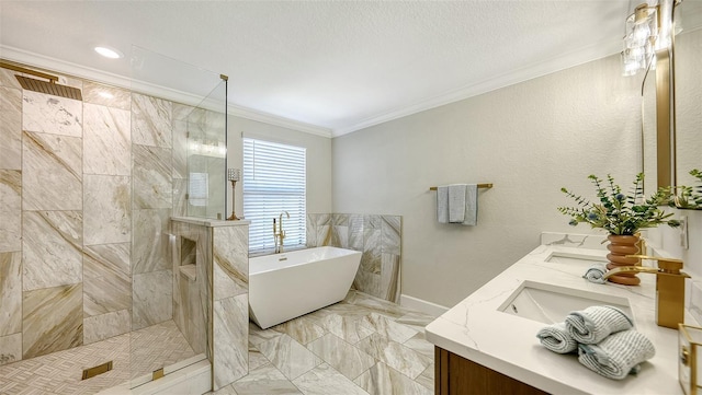 bathroom featuring a textured ceiling, vanity, crown molding, and independent shower and bath