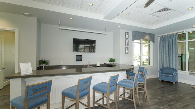 bar featuring a raised ceiling, sink, and dark wood-type flooring