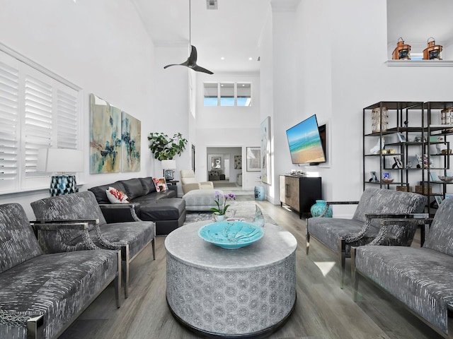 living room with hardwood / wood-style floors and a high ceiling