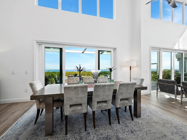 dining area with plenty of natural light, wood-type flooring, and a high ceiling