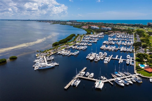 drone / aerial view featuring a water view