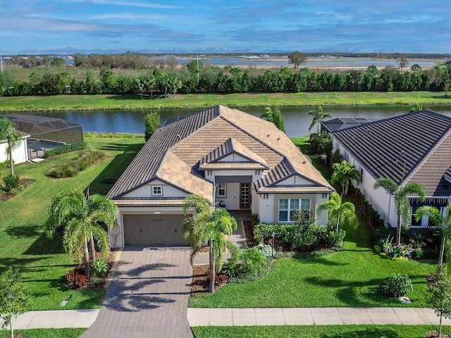 exterior space with a water view