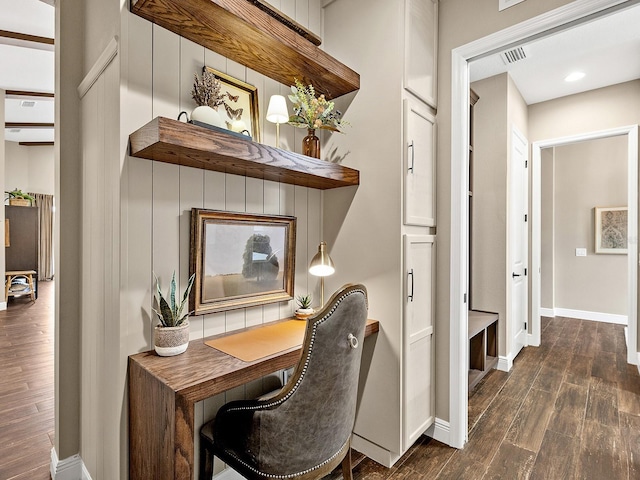 home office featuring dark wood-type flooring