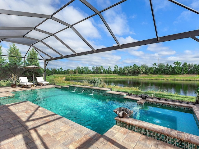 view of swimming pool with an in ground hot tub, pool water feature, a water view, glass enclosure, and a patio